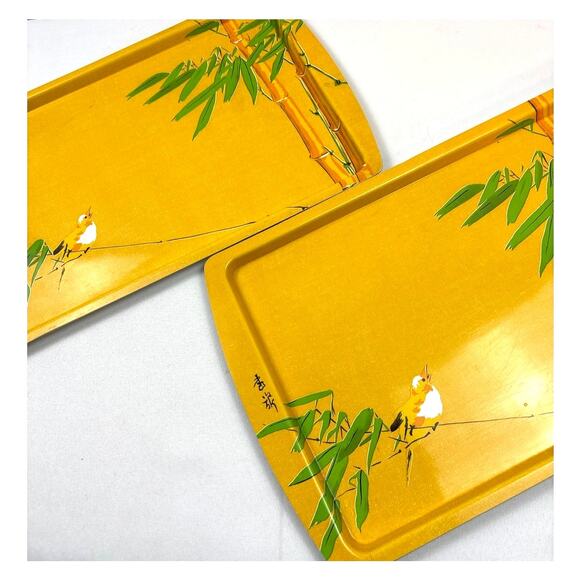 Snack Trays Yellow Tray with Bamboo Tree and Bird Vintage Japan Set of 2 - Picture 1 of 9